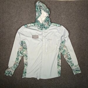 Simms Fishing Sun Protection Hooded Shirt Mens M L Light Blue Green Tropical